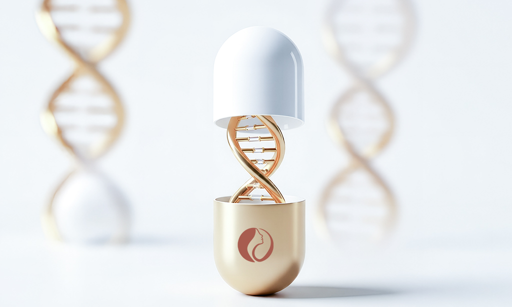 Eine dekorative Kapsel mit dem Inside Out Woman Symbol darauf birgt einen goldenen DNA-Strang